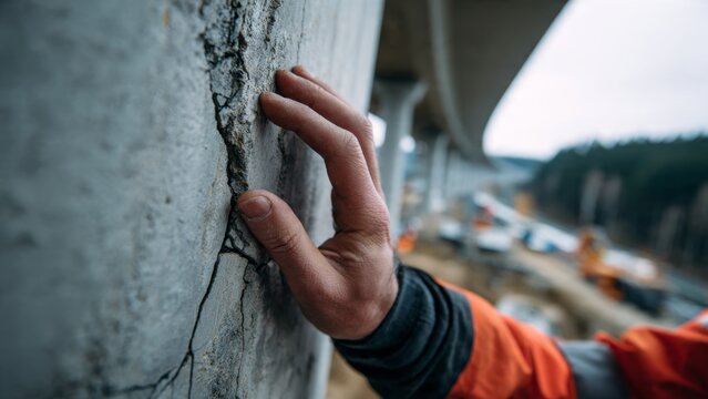 Engineer examining crack in concrete support pillar of bridge structural integrity focus construction site closeup viewpoint