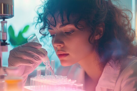 A diligent female scientist precisely pipettes a vibrant liquid into multiple test tubes within a modern, brightly lit laboratory, conducting vital research experiments.