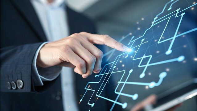 Hand gesturing on holographic network diagram futuristic technology scene closeup view innovative design