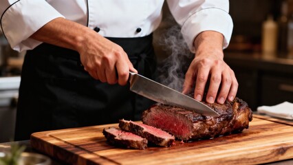 Master chef in crisp white jacket and black apron expertly slices perfectly cooked premium beef with a razor-sharp knife on a wooden cutting board, while steam rises and fresh herbs wait nearby