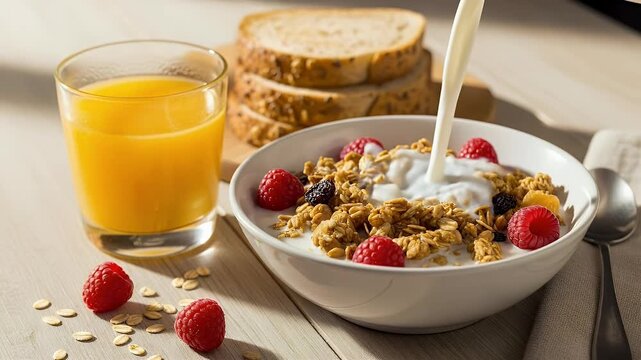 A stream of milk is poured into a bowl of crunchy granola topped with fresh raspberries and dried fruit. This nutritious breakfast, with orange juice and toast, represents a healthy lifestyle and a ba