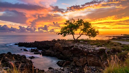 Dramatic sunset over the ocean with a lone tree on the rocky shore.