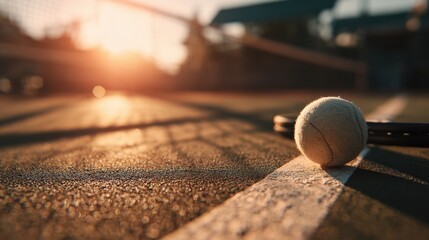 Tennis Court's Evening: A tennis ball and racket are poised on a court bathed in the golden light of sunset, where the day's game is reflected in the peaceful setting.