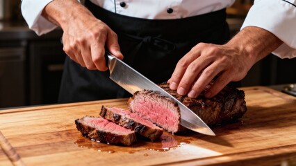 Watch culinary magic unfold as a professional chef carves juicy roast beef with fluid, confident strokes in a busy restaurant kitchen