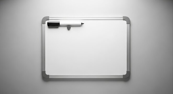 A blank white dry-erase board with a black marker on a grey wall.