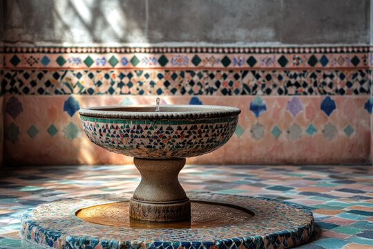 Ornate mosaic fountain in a sunlit courtyard, featuring vibrant geometric tiles on the basin, floor, and walls.