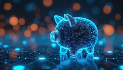 Digital piggy bank made of circuits glows with blue light on abstract tech background. Concept for online banking digital currency and future finance. Saving money in virtual world.