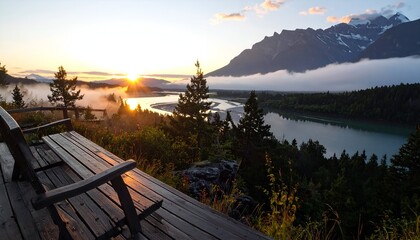 Grand Teton National Park Sunrise View from Wooden Deck.