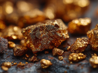 Shiny gold nuggets in macro shot display metallic texture, highlighting their natural beauty and richness