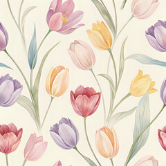 seamless pattern with tulips, Pastel Watercolor Tulip Pattern with Soft Blurred Edges on Beige