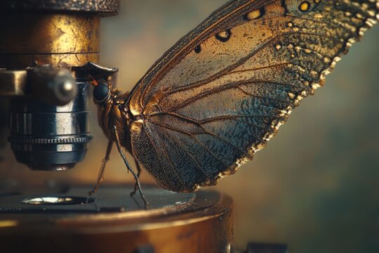 A magnificent butterfly with iridescent, intricately patterned wings perches delicately on an antique brass microscope, blending natural beauty with vintage scientific exploration. - Powered by Adobe