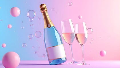 Elegant Champagne Celebration - Bottle and Glasses with Bubbles.