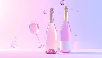 Elegant Champagne Celebration - Two Bottles and a Glass in Pastel Hues.