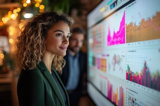 A focused businesswoman analyzes complex data visualizations on a large screen, reviewing various financial graphs and charts in a professional business setting.