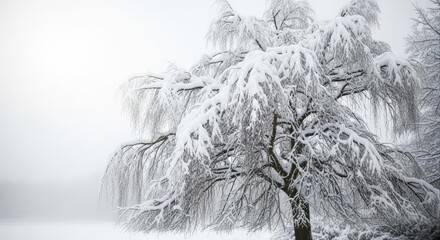 Snowy winter landscape with a lone tree by an icy road and textured black and white nature elements