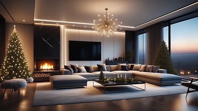 A luxurious, modern, and stylish living room with a fireplace, TV, and a decorated Christmas tree.クリスマスツリーが飾られた暖炉とテレビのある、豪華でモダンでおしゃれなリビングルーム。