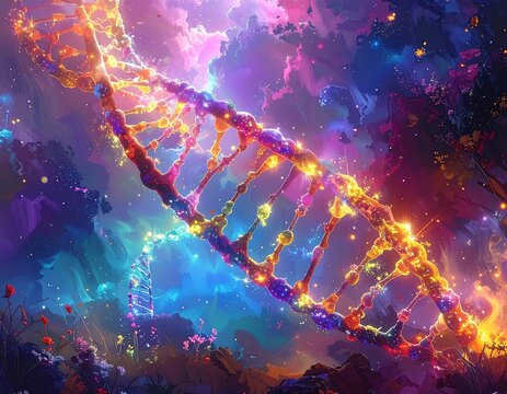 A vibrant, colorful digital painting of a glowing DNA double helix floating amidst swirling clouds and flora