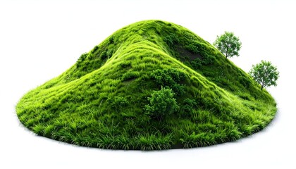 Lush Green Hillock with Trees on a White Background.