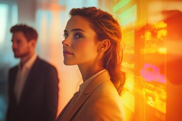 A confident woman in professional attire stands against a vibrant, glowing digital wall, with a man blurred in the background, suggesting a tech-focused setting.