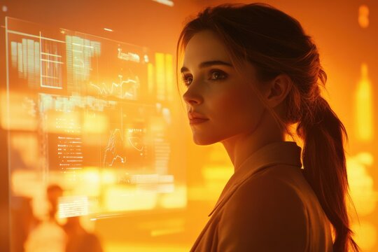 A focused woman intently examines glowing holographic data displays, immersed in a futuristic environment of digital analysis and innovation.