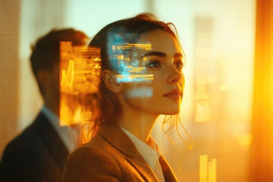 Professional woman with digital data overlays, looking forward. Represents augmented reality, innovation, future tech, and strategic business vision.