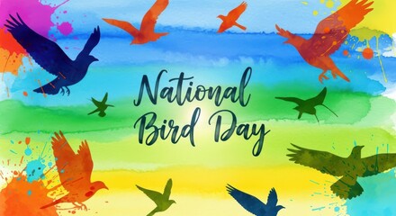 National bird day observed with colorful watercolor splashes and silhouettes of various birds flying freely against a vibrant sky