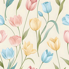 seamless pattern with tulips, Pastel Watercolor Tulip Pattern with Soft Blurred Edges on Beige