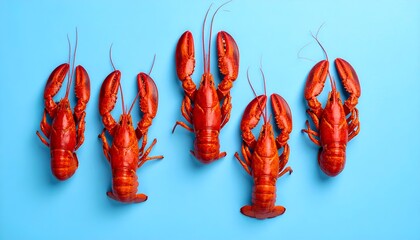 Five Red Lobsters on a Blue Background, Overhead View.
