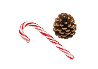 Candy cane with pine cone isolated on transparent background