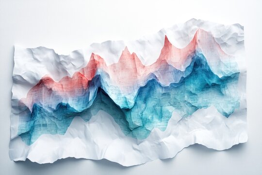 Abstract 3D data visualization resembling crumpled mountain ranges in red and blue gradients, showing undulating information peaks and valleys on white. - Powered by Adobe