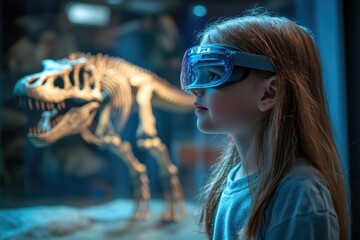 A young girl wearing a futuristic VR/AR headset explores an immersive museum exhibit featuring a virtual dinosaur skeleton, blending technology and education.