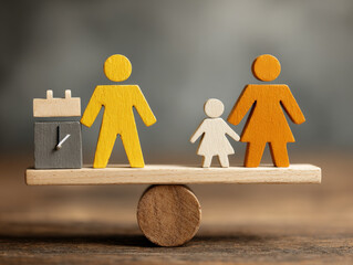 Wooden figures of family and clock balance on seesaw, symbolizing time management and work life balance
