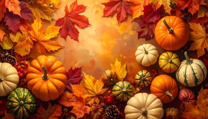 Autumn Harvest - Pumpkins and Colorful Leaves in a Festive Display.