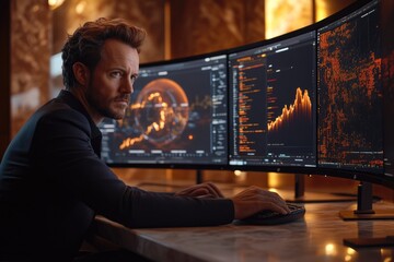 A serious man analyzes financial data, code, and complex charts on three curved monitors, intensely focused on his professional work.