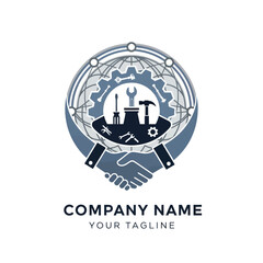 Engineering and technology logo with handshake and tools for business.