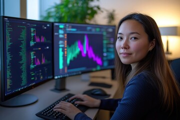 Smiling young Asian woman working on computers with code and financial data graphs on dual monitors, showcasing technology and finance.