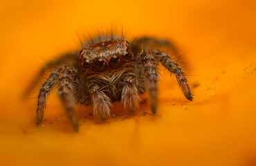 An aesthetically pleasing and impressive close-up photo of a spider. Spider species; Jumping spider. Natural background.