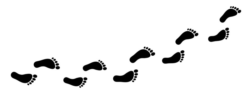 Minimalist trail of human footprints. Silhouettes of bare feet form a winding path of footsteps