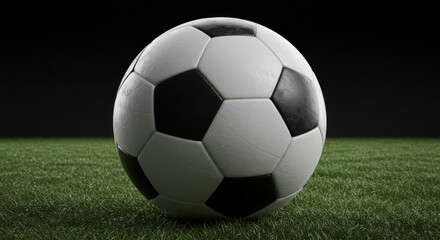 Fototapeta premium Detailed close-up of a classic black and white soccer ball on a green grass field background
