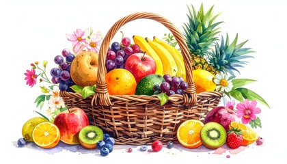 Watercolor Fruit Basket Abundance - A Vibrant Still Life.