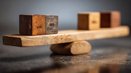 Wooden seesaw with blocks labeled WORK and RETIRE in balance, symbolizing equilibrium and decision making