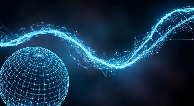 Abstract blue energy wave flows around digital sphere