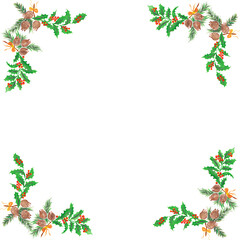Festive corner border with pine cones, holly berries and evergreen branches for holiday design