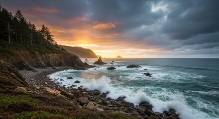 Dramatic coastal scenery with crashing waves and a vibrant sunset illuminates the Oregon coast