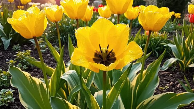 3230155 919 variegated leaves and yellow darwin hybrid tulips tulipa blossoming in a garden in early spring 81300169 1