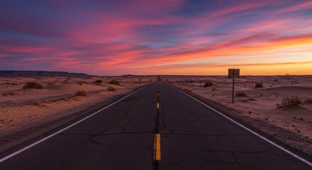 Dramatic Desert Highway at Sunset: An American Road Trip Through Arid Landscapes