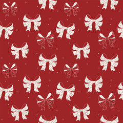 Art & IllustrationSeamless festive pattern with white dotted bows on a deep red background. Ideal for Christmas wrapping paper, textile prints, wallpaper, greeting cards, and holiday decor.