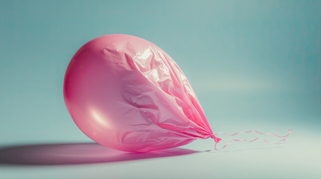 Pink deflated ballon infront of vibrant sky blue color backdrop