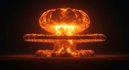 Dramatic nuclear explosion illustration with fiery mushroom cloud against dark background
