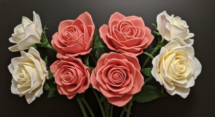 Elegant arrangement of terracotta and white roses on a dark background emphasizing floral beauty